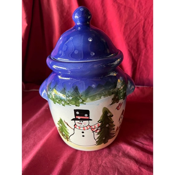 Holiday | Snowman Christmas Cookie Jar Blue Lid Painted Scene Christmas ...